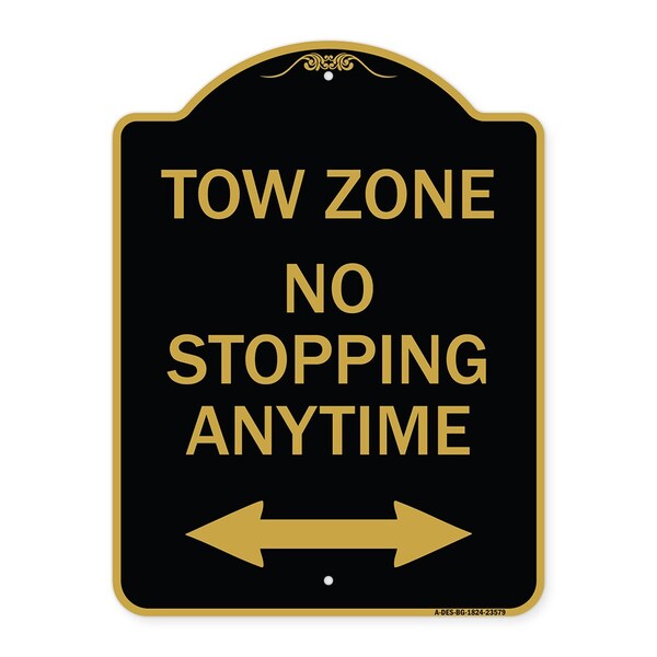 No Stopping Anytime W/ Bi-Directional Arrow, Black & Gold Aluminum Sign, 18" x 24", BG-1824-23579